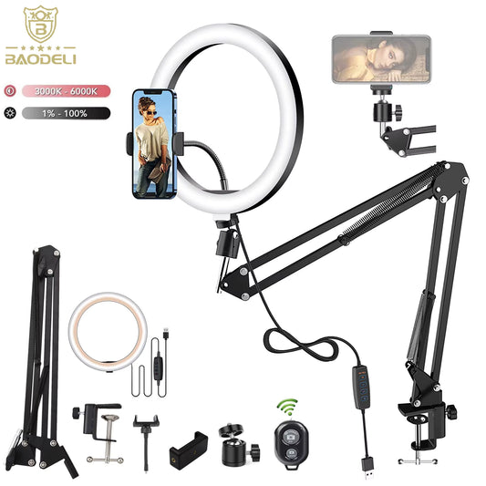 LED Selfie Ring Light with Phone Stand & Adjustable Arm – Dimmable Tripod for Streaming, Makeup & Photography